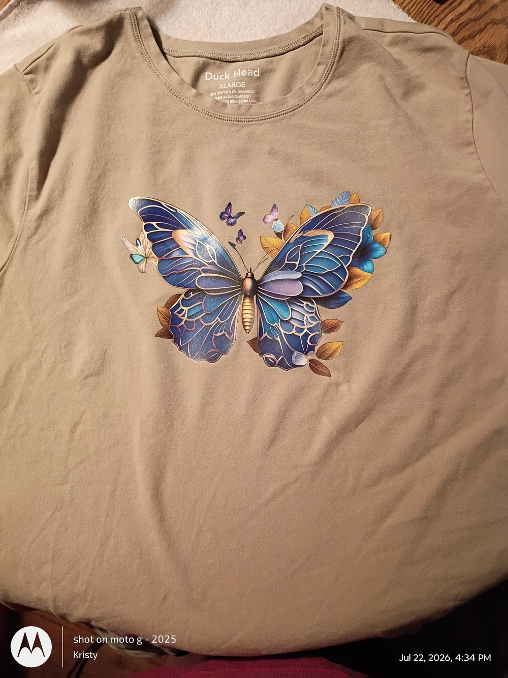 Duck Head Tan Tee with Blue & Purple Butterfly Graphic